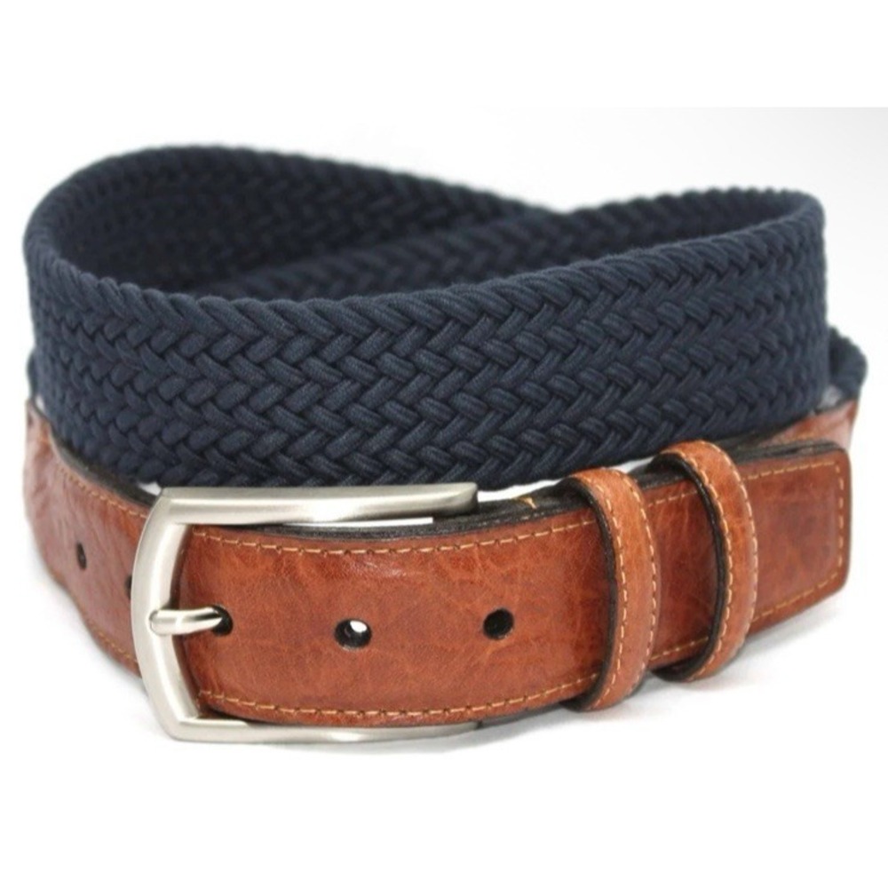 Torino Leather Co. Men Size 34 Italian Woven Cotton Elastic Belt Navy